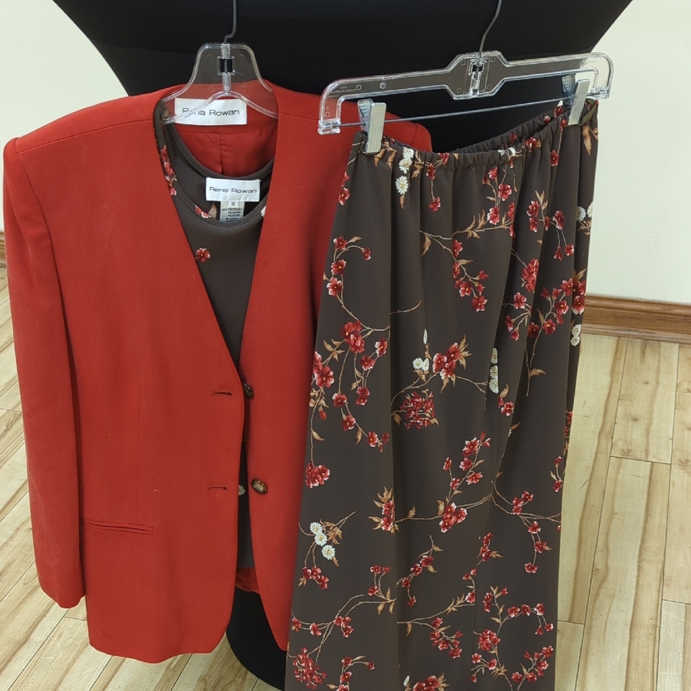 Rena Rowan Red Blazer and Brown Floral Skirt Set